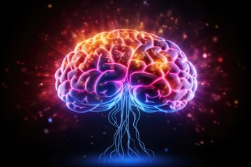 Obraz premium Abstract depiction features a noodle-like cortex, encephalon amidst fiery patterns, smoke, cosmic dust. Neurofeedback therapy, neurophobia, neurosecretion, neurotransmitters, and neuromuscular disease