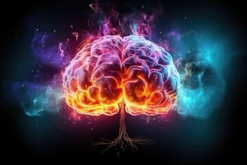 Fototapeta premium Abstract depiction features a noodle-like cortex, encephalon amidst fiery patterns, smoke, cosmic dust. Neurofeedback therapy, neurophobia, neurosecretion, neurotransmitters, and neuromuscular disease