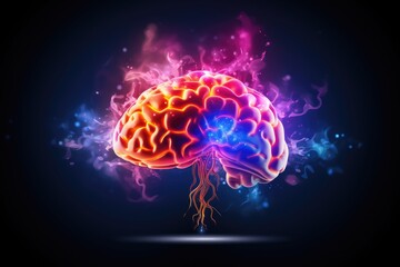 Fototapeta premium Abstract depiction features a noodle-like cortex, encephalon amidst fiery patterns, smoke, cosmic dust. Neurofeedback therapy, neurophobia, neurosecretion, neurotransmitters, and neuromuscular disease