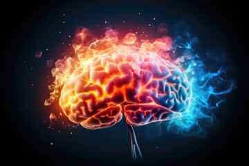 Obraz premium Abstract depiction features a noodle-like cortex, encephalon amidst fiery patterns, smoke, cosmic dust. Neurofeedback therapy, neurophobia, neurosecretion, neurotransmitters, and neuromuscular disease