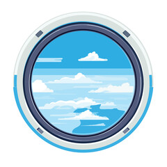 Airplane window view showing clouds and blue sky. Cartoon style porthole with serene sky scene. Travel and aviation concept vector illustration.