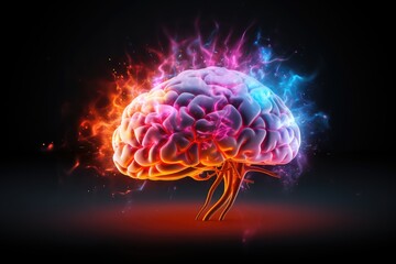 Obraz premium Neuropathic pain fire cranium. Neuroprosthetic advancements and neurorobotic. Neural stem cell therapy grey matter. Realm of neurophenomenology Noggin Colorful Brain Smoke Aid Axon neurofeedback