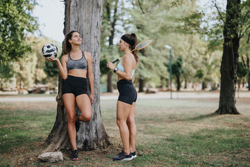 Fototapeta premium Fit athletes enjoy a sunny day in the park, conversing and discussing their training. Resting under trees after an outdoor workout, the girls showcase their love for sports and a healthy lifestyle.
