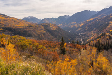 Beautiful view at the mountains covered by fall colors foliage in McClure Pass in Colorado