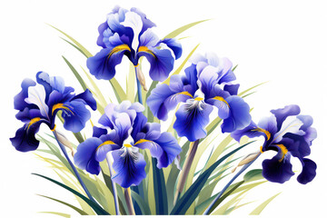 Blooming Iris: A Vibrant Bouquet of Purple Floral Elegance and Natural Beauty in a Watercolor Illustration on a Bright Green Background