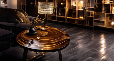elite handmade solid wood table with epoxy resin. Expensive luxury furniture, quality materials - Powered by Adobe