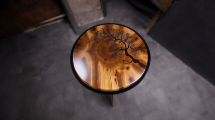 round table made of solid oak with epoxy resin and varnish. Elite furniture in luxury apartments