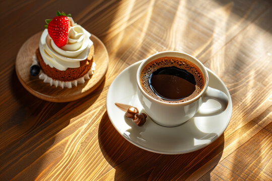 Coffee and dessert pairing, an appetizing image showcasing a perfectly brewed cup of coffee paired with a delectable dessert.