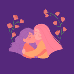 Ilustración 8M  con flores 8 de marzo, día de las mujeres, mujeres abrazándose, día internacional de la mujer fondo morado, march 8, women's day, 