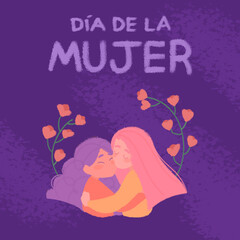 Ilustración 8M con flores 8 de marzo, día de las mujeres, mujeres abrazándose, día internacional de la mujer fondo morado, march 8, women's day, 