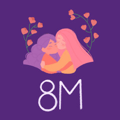 Ilustración 8M con flores 8 de marzo, día de las mujeres, mujeres abrazándose, día internacional de la mujer fondo morado, march 8, women's day, 