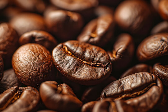 Coffee beans close-up, a macro image highlighting the texture and details of freshly roasted coffee beans.