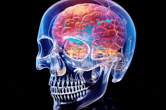 Skull and head anatomy, cranium, pate, and crossbones. Utilizing X-ray with contrast agents, ionizing radiation absorption and beam technology. Soft tissue and bone density radiolucent radiopaque mind
