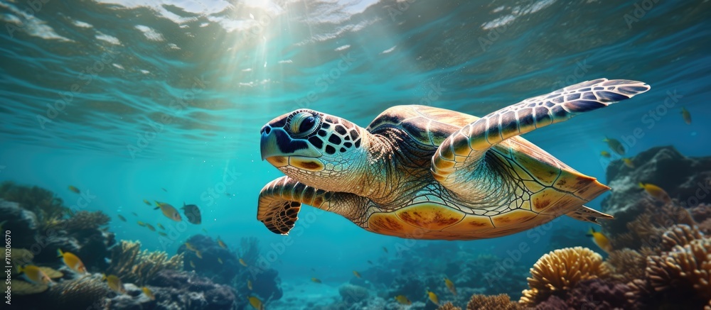 Wall mural hawksbill sea turtle swimming underwater.