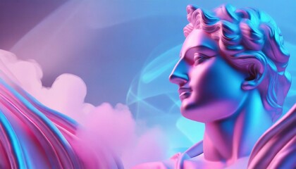 Fototapeta premium Gypsum statue of Apollo's bust. Statue vapor wave background concept. 