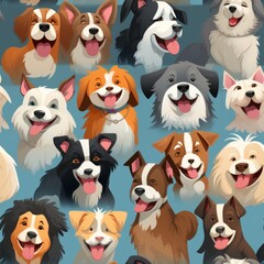 Seamless pattern of adorable and cheerful dogs playing and wagging their tails with pure happiness