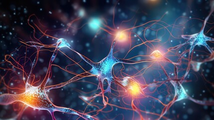 Complex neuronal network neurons synapses in brain. Explore neural encoding and decoding mechanisms. Neural representation, dynamic process of neuroplasticity. Neurotransmitter neuromuscular junctions - obrazy, fototapety, plakaty