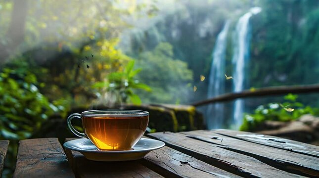 cup of tea with beautiful waterfall background Seamless looping 4k time-lapse virtual video animation background. Generated AI