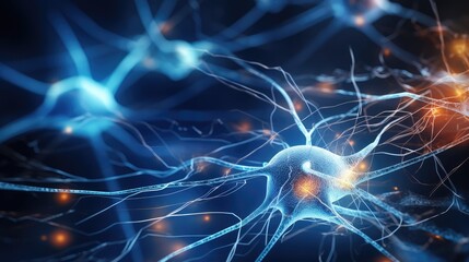 Fototapeta premium Neuronal learning, 3d neurons forge new connections, strengthening the brain's cognitive abilities, Neurons in the brain act as messengers, brain's neurons fire in synchrony, deep concentration focus