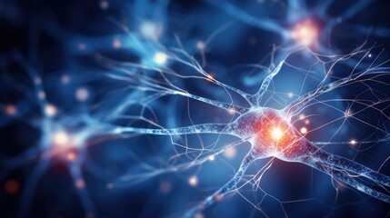 Neuronal learning, 3d neurons forge new connections, strengthening the brain's cognitive abilities, Neurons in the brain act as messengers, brain's neurons fire in synchrony, deep concentration focus - obrazy, fototapety, plakaty