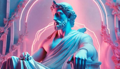 Gypsum statue of Apollo's bust. Statue vapor wave background concept.	