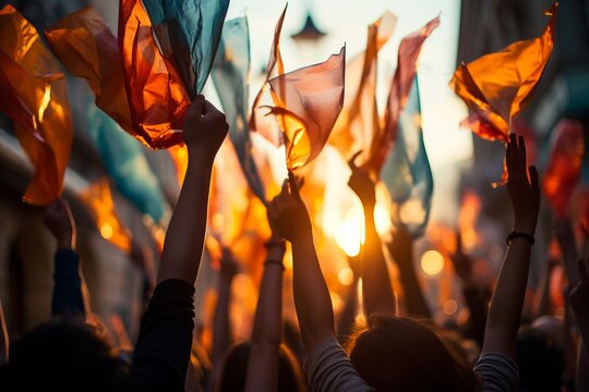 Blurred vibrant music festival scene with stages, crowds, and sunlit haze, ideal for event branding.
