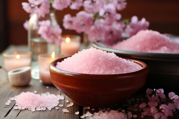 Obraz na płótnie Canvas Pink salt in bowl for spa.