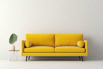 Fototapeta premium Yellow sofa minimal in living room interior with plant,white wall. 3d render illustration.