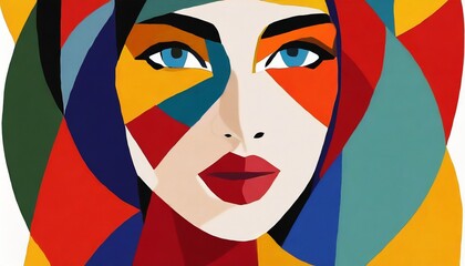Abstract woman face colorful. Feminine abstraction poster in colorful pallette. Creative geometric female pattern in cubism style. - obrazy, fototapety, plakaty