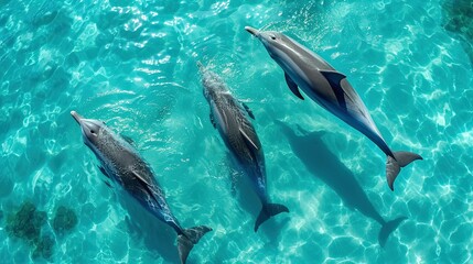 Fototapeta premium Photo of four dolphins swimming gracefully through turquoise waters. The water is so clear that the bodies of the dolphins are visible from above the surface Ai Generated