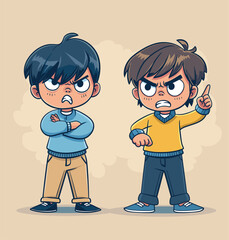 Two cartoon boys arguing, one with arms crossed, another pointing finger, angry expressions. Kids dispute, conflict, brotherhood issues vector illustration.