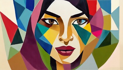 Fototapeta premium Abstract woman face colorful. Feminine abstraction poster in colorful pallette. Creative geometric female pattern in cubism style.