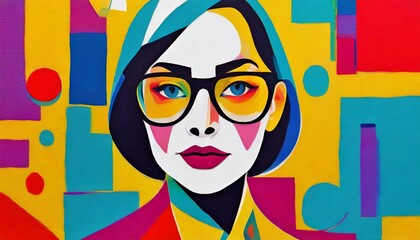Portrait of woman with glasses in modern abstract style. Hand drawn seamless pattern for your contemporary fashion design.