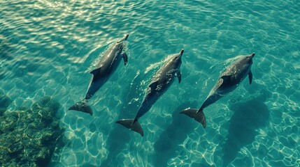Obraz na płótnie Canvas Photo of four dolphins swimming gracefully through turquoise waters. The water is so clear that the bodies of the dolphins are visible from above the surface Ai Generated