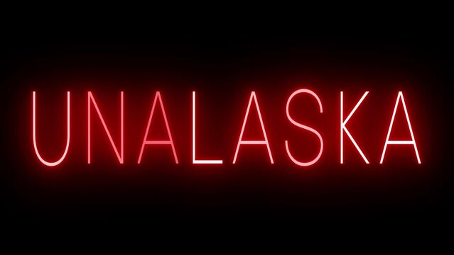 Flickering red retro style neon sign glowing against a black background for UNALASKA