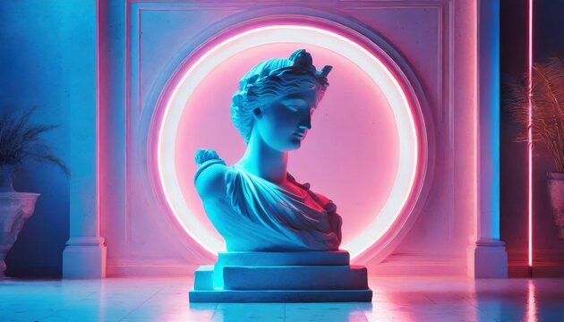 Gypsum statue of Apollo's bust. Statue vapor wave background concept.	