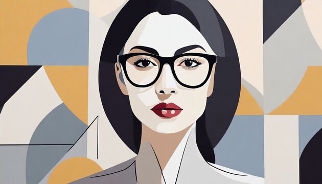 Portrait of woman with glasses in modern abstract style. Hand drawn seamless pattern for your contemporary fashion design. 