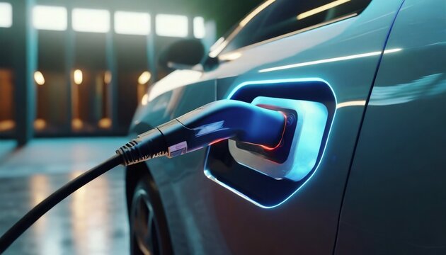 Power supply for electric car charging. Electric car charging station. Close up of the power supply plugged into an electric car being charged.	
