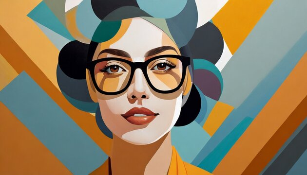 Abstract woman face colorful. Feminine abstraction poster in colorful pallette. Creative geometric female pattern in cubism style.	
