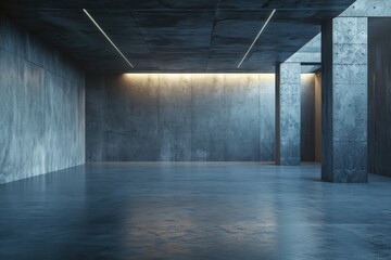 Minimalist Industrial Interior with rough Cement Floor and Indirect Lighting