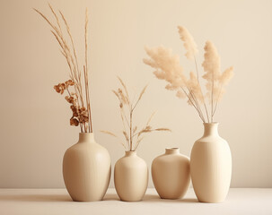 a small vase of dried flowers on a table near an arm chair, minimalist sets, light beige