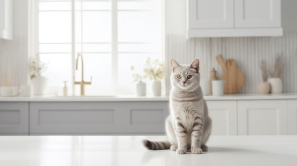 白いキッチンカウンターに乗ってじっとしている猫