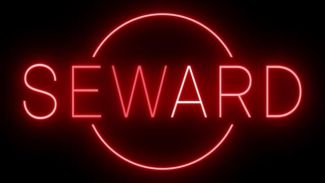 Flickering red retro style neon sign glowing against a black background for SEWARD