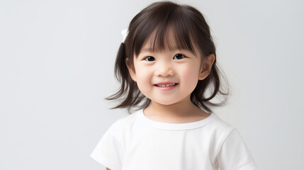 白い背景に白い服を着て微笑む小さな女の子のポートレート