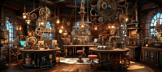Steampunk laboratory with brass machinery, glowing concoctions, and stained glass windows