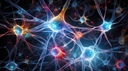 Fototapeta premium Neuronal Neurology network neurons and synapses, cognitive neuroscience, neurodegeneration and neurotransmission. Brain plasticity, neurological disorders like Alzheimer's, Parkinson's and depression.