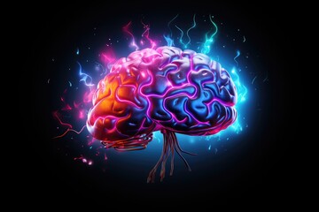 Brain Flashes luminous Brain Bulb. Light bulb brain energy, creativity, innovation, insightful ideas.Realms of imagination, eureka moments, inventions, intelligence, brilliance, epiphanies depicted - obrazy, fototapety, plakaty