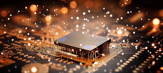 Fototapeta premium Soft and dreamy bokeh background with intricate circuitry and glowing components of a computer chip