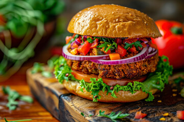 Vegan burger delight, a vibrant image showcasing a plant-based burger with colorful and flavorful vegan ingredients.