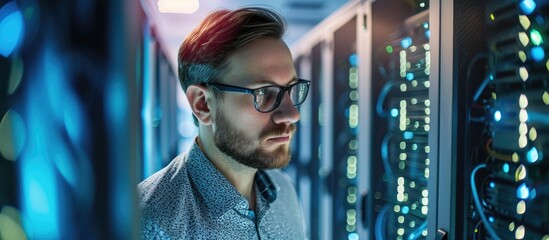 Skilled Caucasian man works on web services, cloud computing, server analytics, and cyber security in a data center.